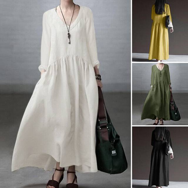 Uk 8-24 women long sleeve v neck solid cotton dress oversize kaftan maxi dresses