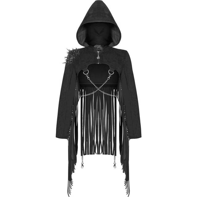 Punk rave womens gothic dieselpunk hooded crop biker jacket black fringe studded