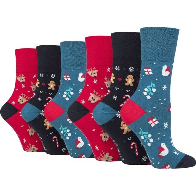 Gentle Grip Womens - 6 Pairs Ladies Novelty Christmas Socks - Blue / Red / Grey - Multicolour Cotton - Size UK 4-8