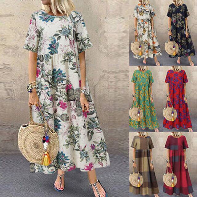 Uk women summer short sleeve floral printed sundress beach party long maxi dress