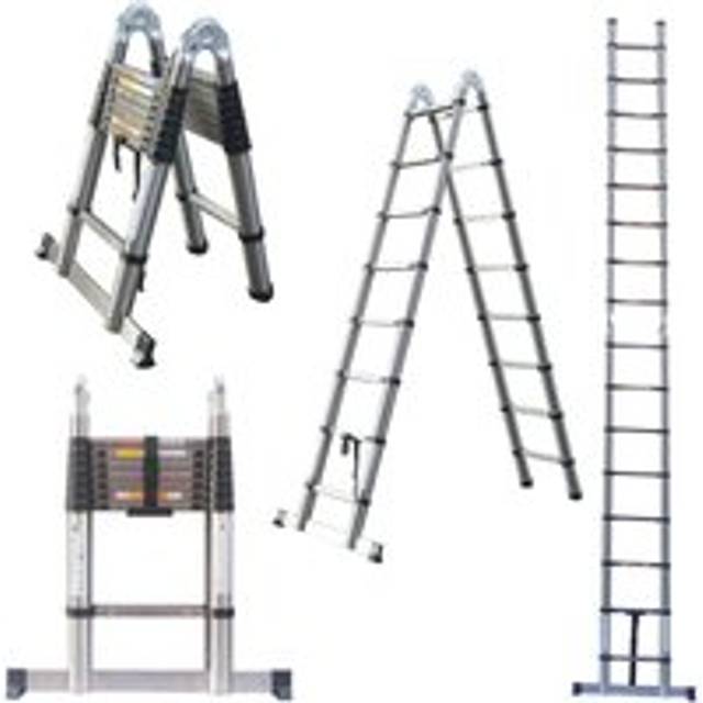Briefness - Telescopic Folding Ladder 2.5M+2.5M Multi Purpose Collapsible Concertina Loft Ladders, Stainless Steel A-Frame Ladder Heavy Duty Sturdy
