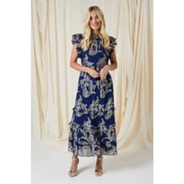 Womens Petite Metallic Ruffle Sleeve Midaxi Dress - Navy - 22