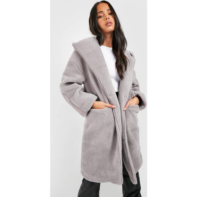 Womens Petite Oversized Hooded Teddy Coat - Grey - 4, Grey