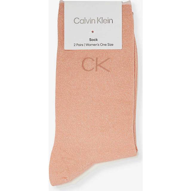 Calvin Klein Womens Clay Pink Iridescent Mid-calf Pack of Two Stretch Cotton-blend Knitted Socks 1size - CLAY PINK