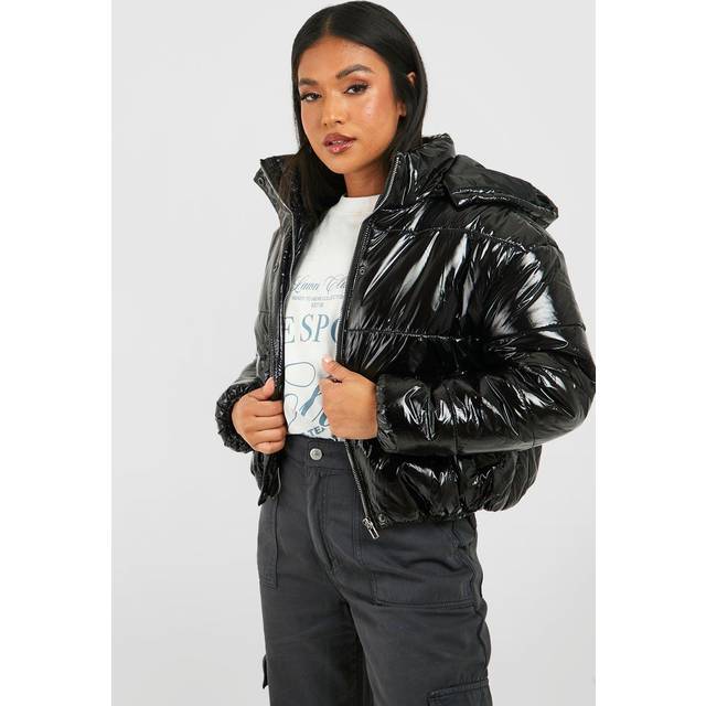 Womens Petite Hooded Crop High Shine Coat - Black - 14, Black