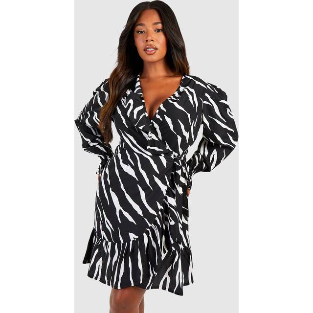 Womens Plus Zebra Long Sleeve Wrap Dress - Black - 28, Black