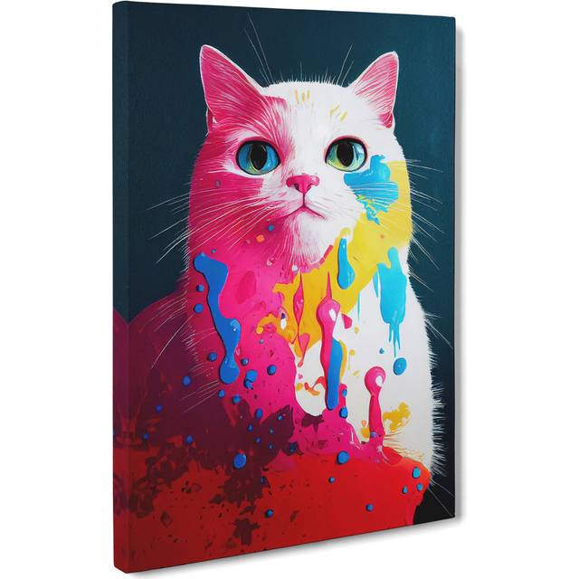 Cat in Paint No.1 - Wrapped Canvas Graphic Art - Blue;Red;Pink (50cm H x 35cm W x 3cm D)