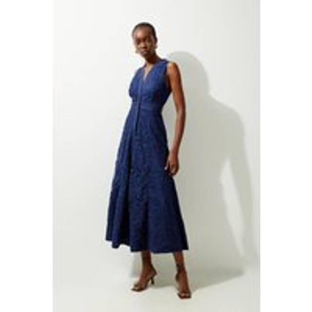 Lydia Millen Cut Work Cotton Sateen Woven Halter Dress - Navy