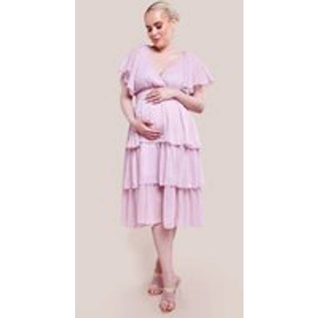 Goddiva Maternity Plain Lurex Chiffon Tiered Midi Dress In Pink - 10