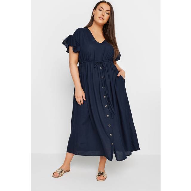 Yours Curve Navy Blue Linen Maxi Dress, Women's Curve & Plus Size, Yours - 14