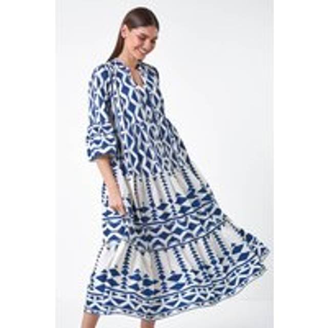 Aztec Print Tiered Midi Smock Dress - Navy - 18