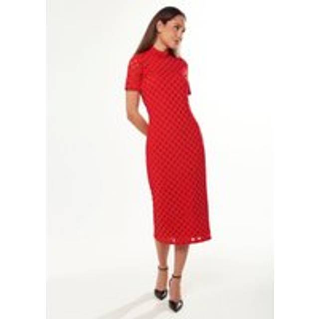 Womens Midi Dress with High Neck, Short Sleeves and Open Back Detail in Red - 10
