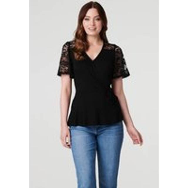 Lace Sleeve V-Neck Peplum Top - Black - Size 8 - Izabel London