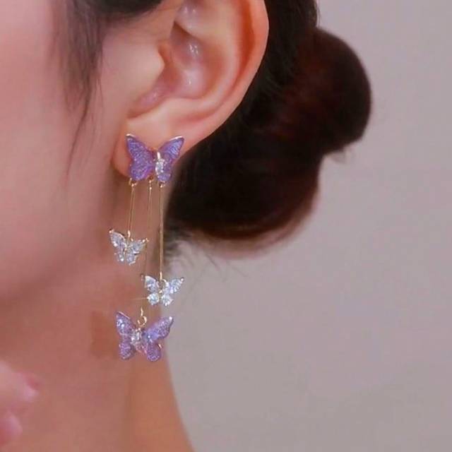SHEIN Butterfly Shaped Tassel Earrings With Purple Crystal Wings, Elegant And Versatile Design