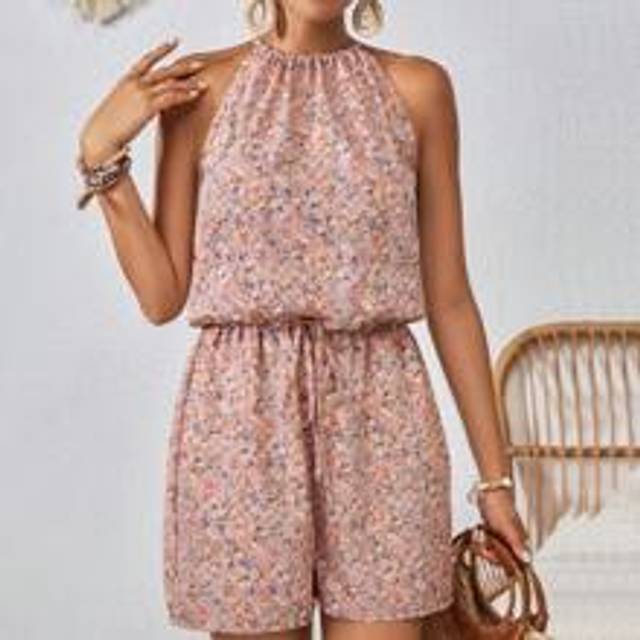 Kvinnors semester Casual Ditsy Blommig Romper med knipad midja och grimma - Rosa (L,M,S,XS)