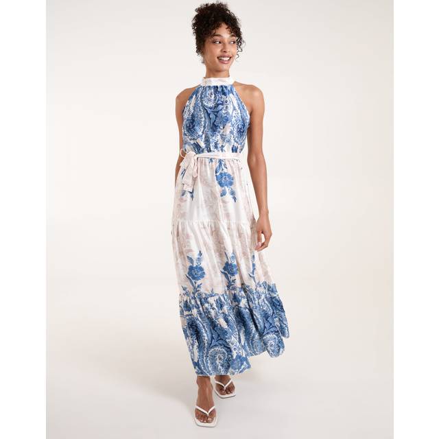 Paisley Floral Occasion Dress - White / Light Blue - Medium - Blue Vanilla