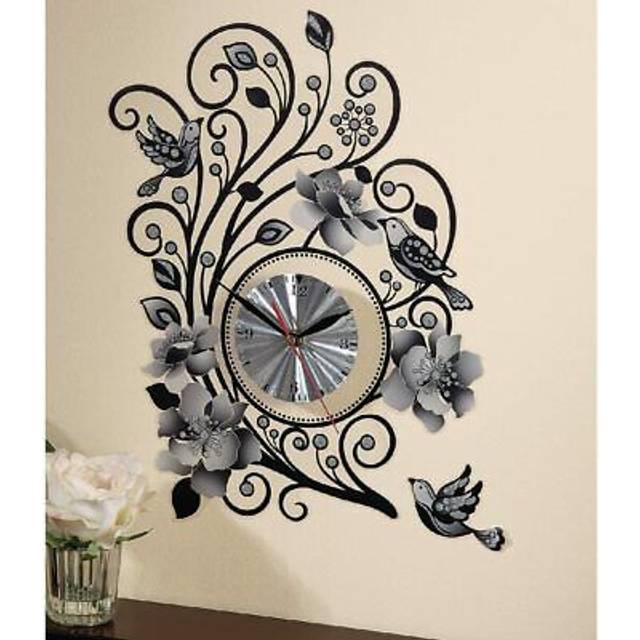 Battery Operated Wall Sticker Clock - Silver Swirling Floral Design Home Decoration - Measures H40.5 x W29cm - One Size