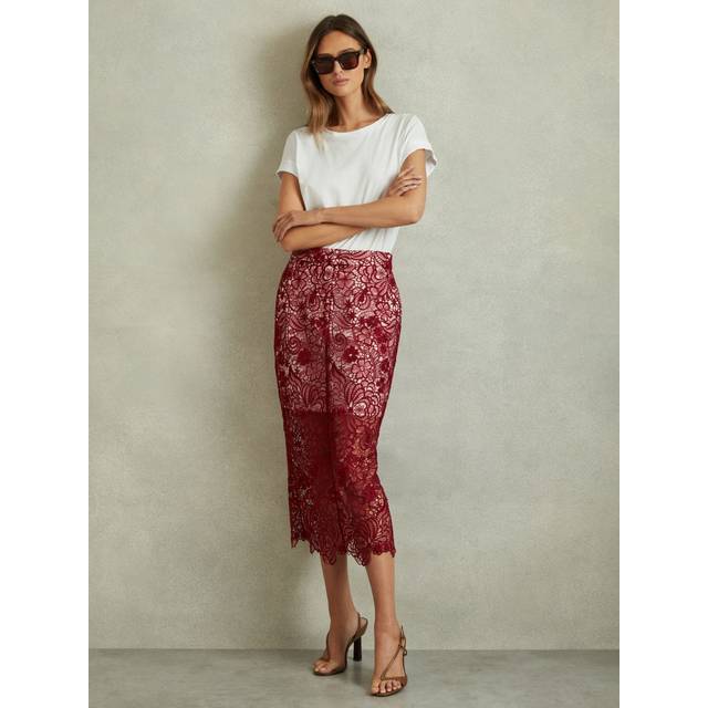 Reiss Flo Lace Pencil Skirt, Burgundy
