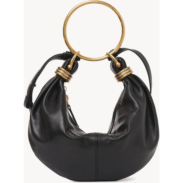 Black Leather Ring Handle Shoulder Bag