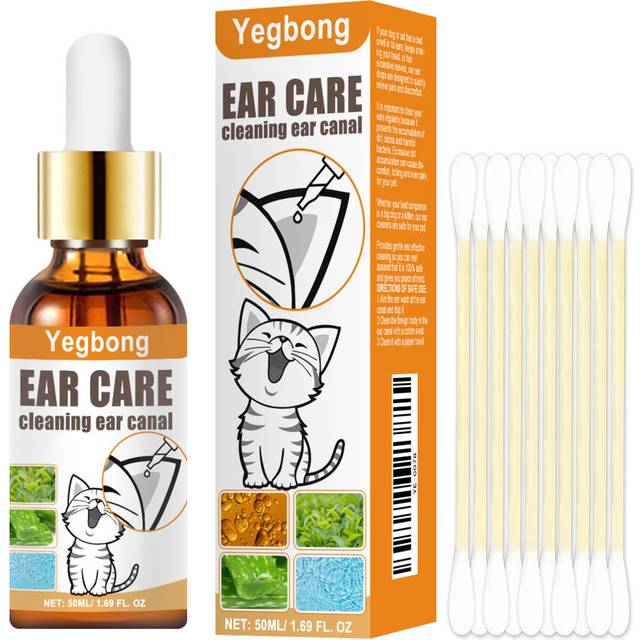 (50ml ear cleaning solution+10pcs cotton swabs) Pet Ear Cleanser Earwax Cleaning Ear Drops For Cats And Dogs