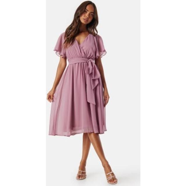 Goddiva Sustainable Flutter Sleeve Chiffon Wrap Midi Dress - Lavender - 6