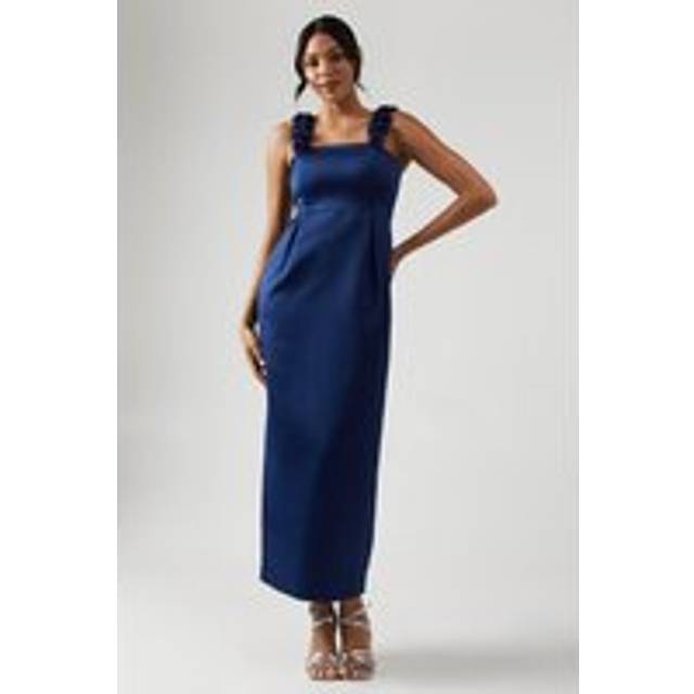 Floral Bardot Satin Bridesmaid Dress - Navy - 10
