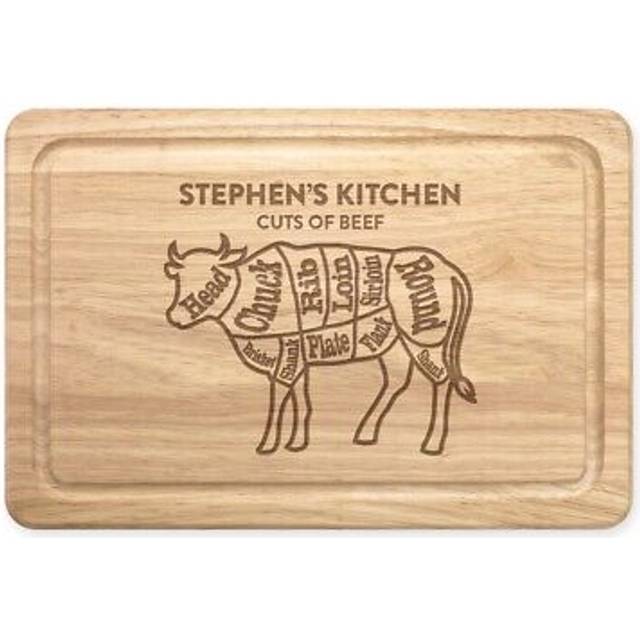 Personalised cuts of beef meat steak cow butchers guide wooden chopping board