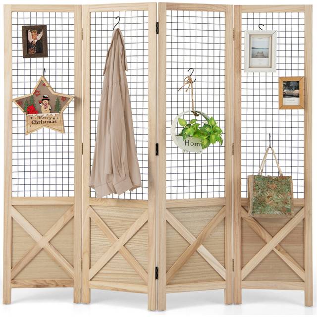 4-Panel Decorative Wood Room Divider Folding Privacy Screen