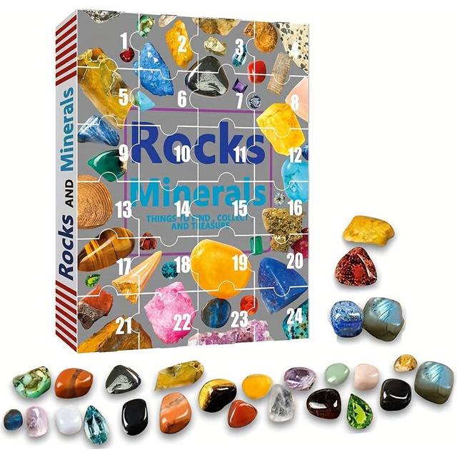 (Yellow-gray, Large Stone) Christmas Gemstone Advent Calendar, 24 Natural Crystal Gemstones Stone
