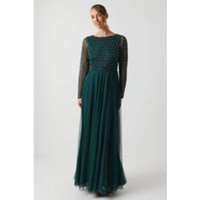 Pearl Geometric Cowl Back Long Sleeve Bridesmaid Dress - Green - 10