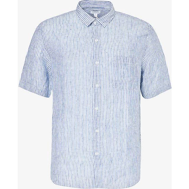 Sunspel Mens Navy/white Linen Stripe Relaxed-fit Short-sleeve Shirt Xl