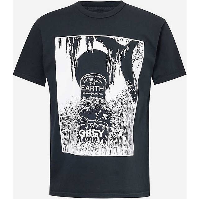 Obey Mens Pigment Vintage Black Here Lies Earth Graphic-print Cotton-jersey T-shirt S