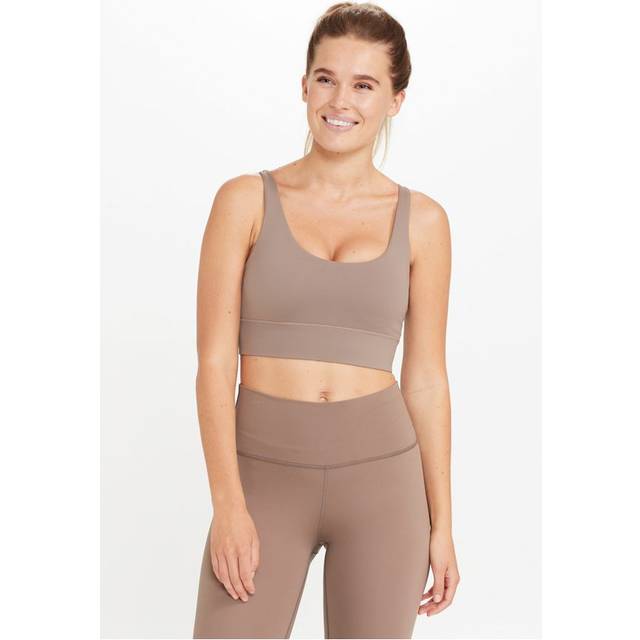 Sosandar Womens Gabrielle Taupe Seam Detail Cross Back Sports Bra Nylon - Size Small