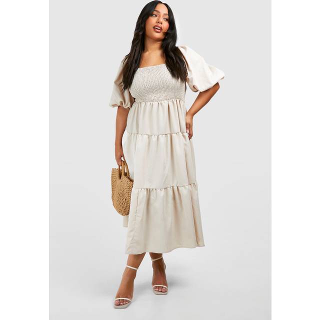 Womens Plus Tiered Shirred Midaxi Smock Dress - Stone - 24