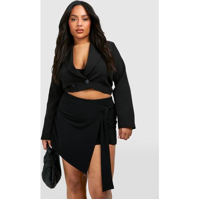 Womens Plus Rib Belted Wrap Mini Skirt - Black - 28, Black