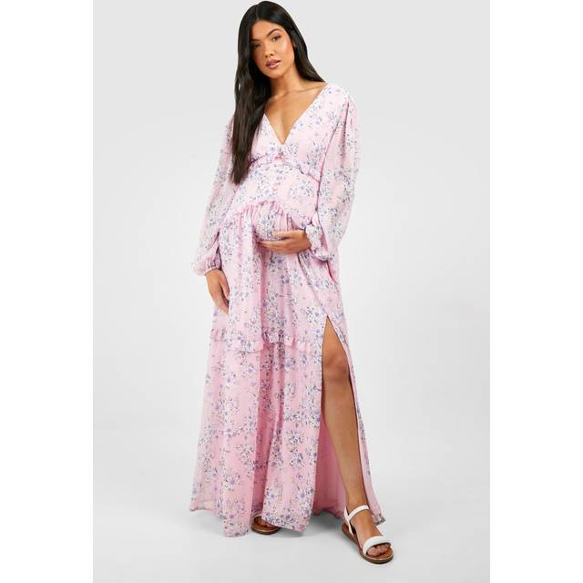 Womens Maternity Floral Print Side Split Maxi Dress - Pink - 10, Pink