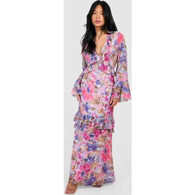 Womens Petite Floral Ruffle Flare Sleeve Woven Maxi Dress - Pink - 16
