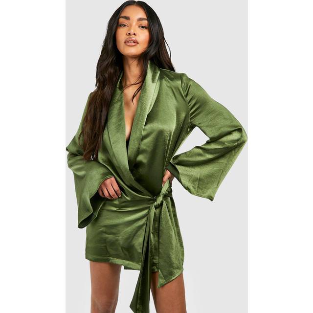 Womens Satin Wrap Shirt Dress - Green - 12, Green
