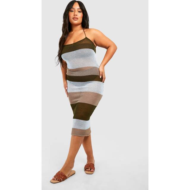 Womens Plus Crochet Stripped Midaxi Beach Dress - Green - 18, Green