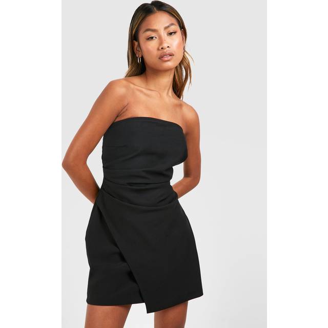 Womens Linen Look Drape Bandeau Tailored Mini Dress - Black - 16