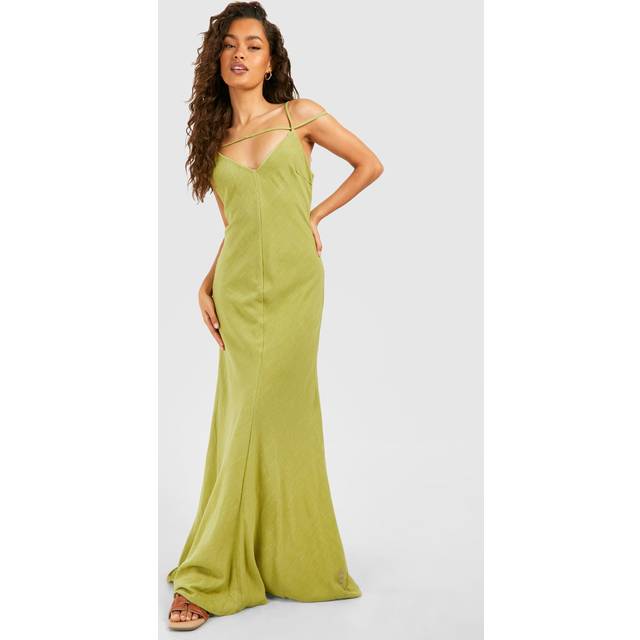 Womens Linen Look Strappy Plunge Maxi Slip Dress - Green - 10