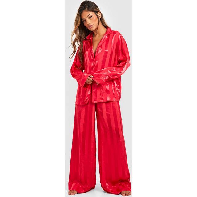 Womens Premium Satin Stripe Double Pocket Long Sleeve Shirt & Trousers Pyjama Set - Red - 10, Red