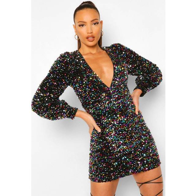 Womens Tall Sequin Balloon Sleeve Plunge Mini Dress - Black - 8, Black