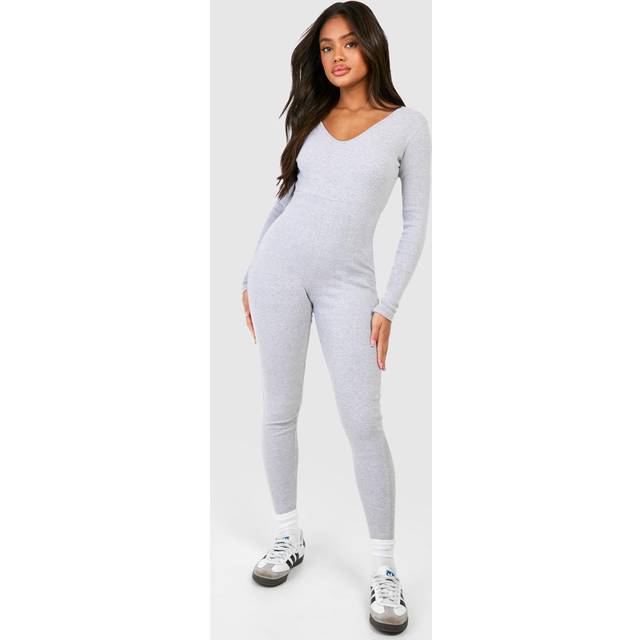 Womens Basic Rib Plunge Unitard Jumpsuit - Grey - 16, Grey