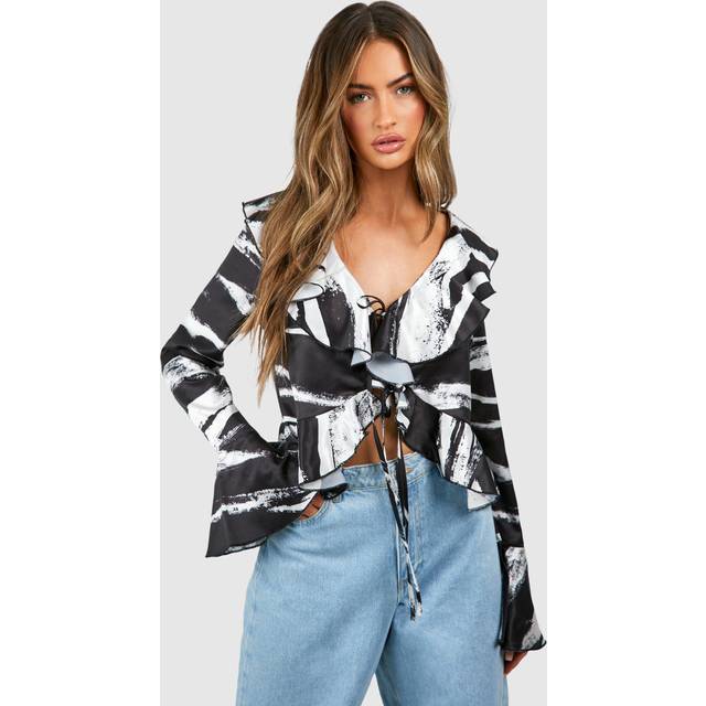 Womens Zebra Ruffle Satin Printed Blouse - Black - 12, Black