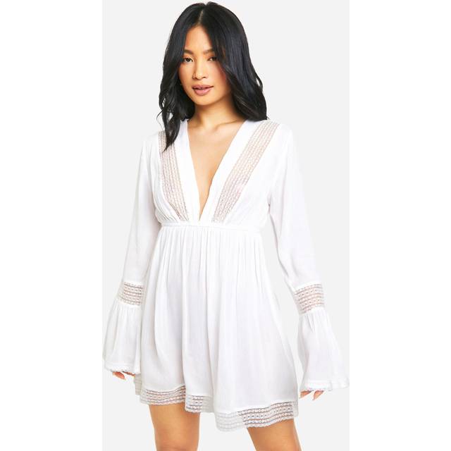 Womens Petite Lace Trim Beach Dress - White - 8
