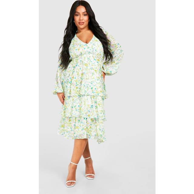 Womens Plus Dobby Floral Tiered Midi Skater Dress - White - 28, White