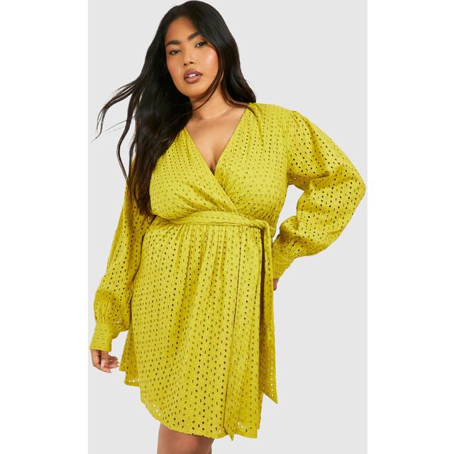 Womens Plus Woven Broderie Tie Waist Long Sleeve Mini Dress - White - 22, White