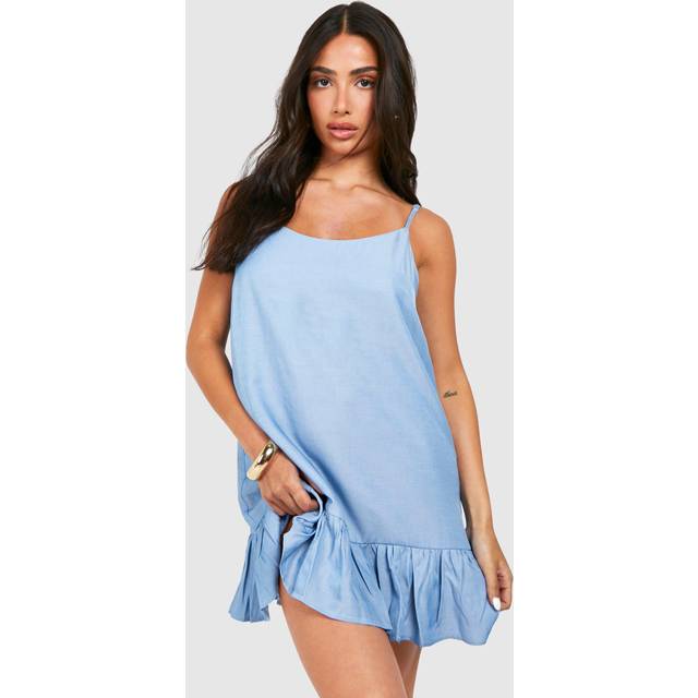 Womens Petite Chambray Strappy Ruffle Hem Swing Dress - Blue - 6, Blue