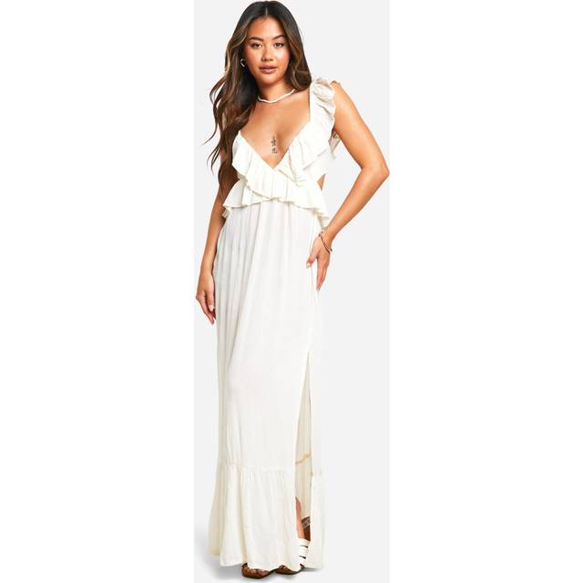 Womens Cheesecloth Ruffle Plunge Maxi Dress - Beige - 10